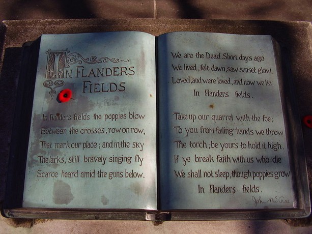 John McCrae Memorial "book" close-up. McCrae House, Guelph, Ontario, Canada